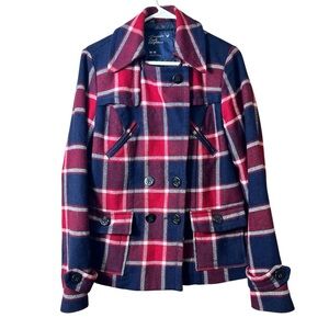American Eagle Wool Blend Plaid Peacoat Jacket Size M Preppy Cottagecore Y2K